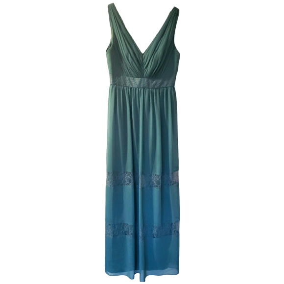 David's Bridal NWT Lace Inset Chiffon V Neck Bridesmaids Dress Size 8 in Teal - Picture 1 of 15